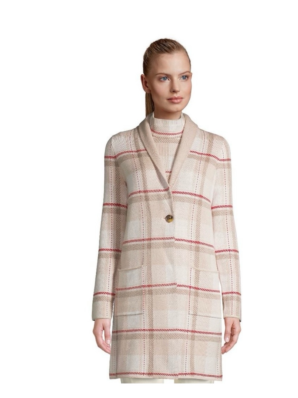 Lands End Long Plaid Open-Front Cardigan Coatigan in Beige and Red size 2X